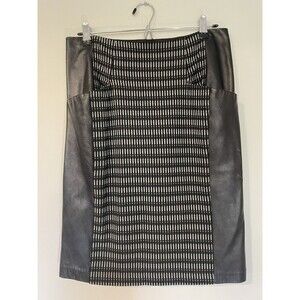 Nanette Lepore Black Leather Side Panel Pencil Skirt Size 8 Gray White Geometric
